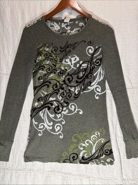 Women's Olive Green Waffle knit Long Sleeve Tunic Top Swirl Print Vintage Y2K